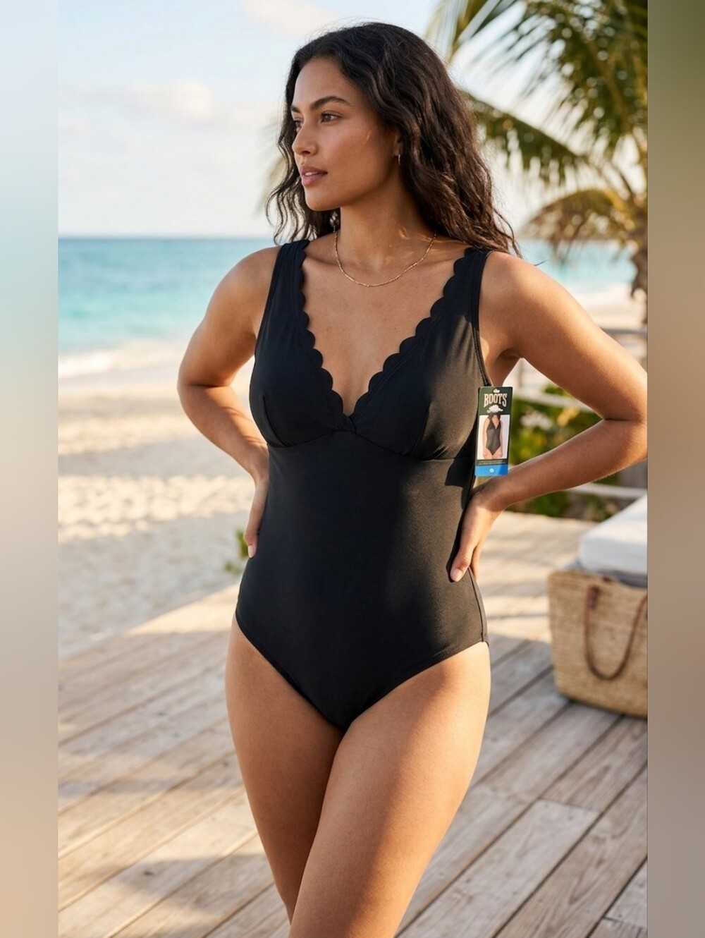 Roots Black Scalloped V-Neck One-Piece Swimsuit - Size 10 (NWT)